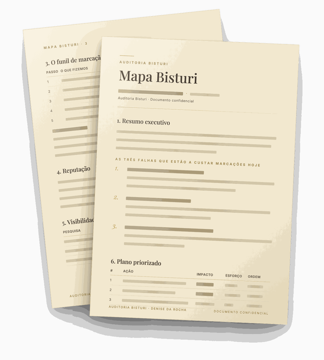 Páginas do Mapa Bisturi, a síntese escrita entregue no fim da Auditoria, com o conteúdo ocultado por confidencialidade